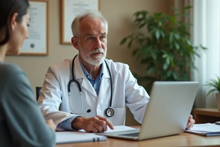 Médecin en consultation expliquant avec précaution un diagnostic médical complexe à son patient