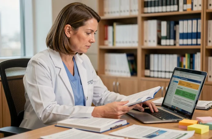 Médecin professionnelle consultant des ressources médicales sur ordinateur portable et manuel de référence dans un bureau hospitalier moderne