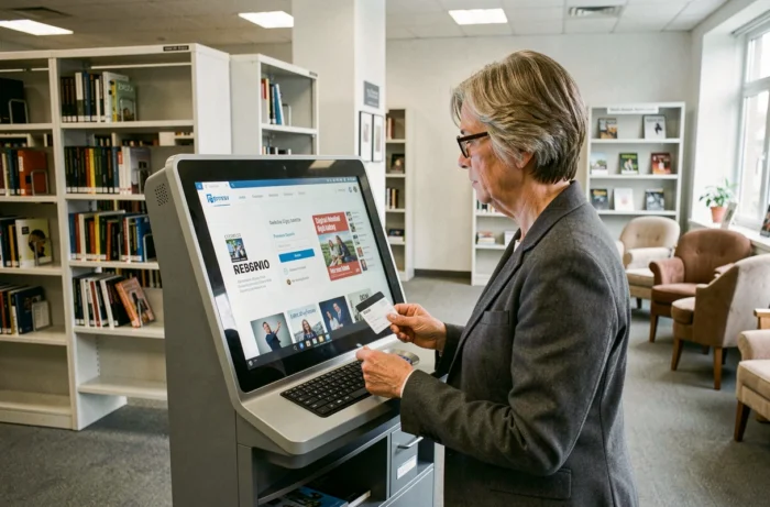 Femme accédant légalement et gratuitement à des magazines via le portail d'une médiathèque numérique départementale
