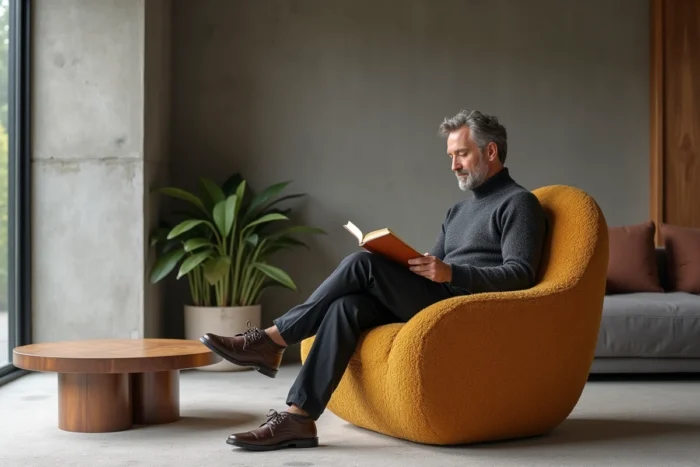 Fauteuil sculptural en boucle ambre positionné comme point focal d'un salon minimaliste avec sol en béton poli