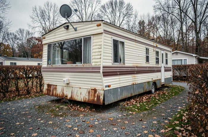 Mobil-home ancien aux panneaux décolorés sur un emplacement de camping en automne, illustrant la vétusté liée à la règle des 10 ans