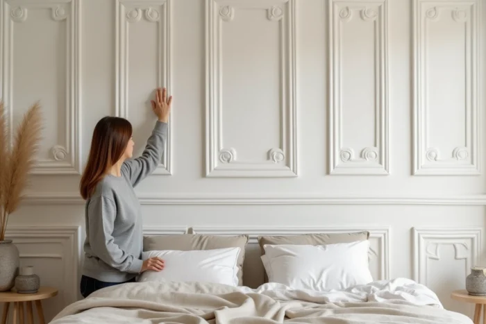 Mur de chambre orné de moulures contemporaines en plâtre formant des cadres géométriques en relief peints dans le même ton blanc cassé