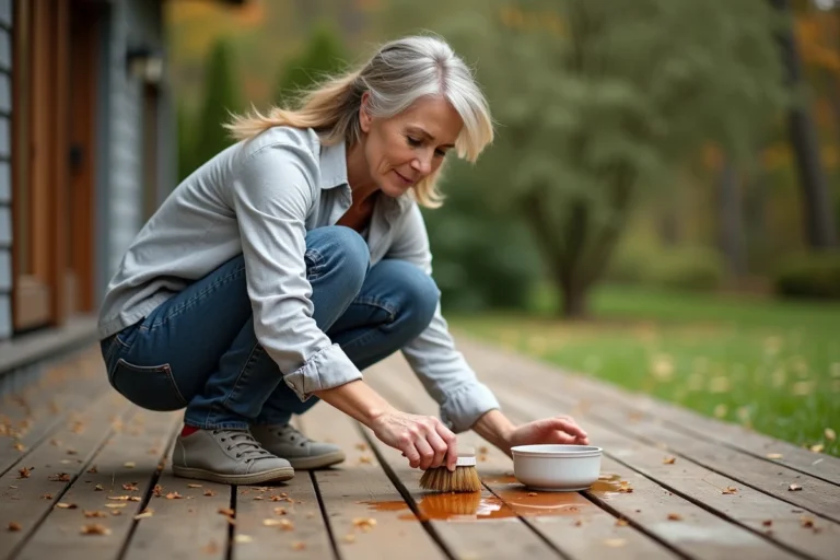 Femme nettoyant une tache de résine de pin sur une terrasse en bois avec une brosse et un solvant