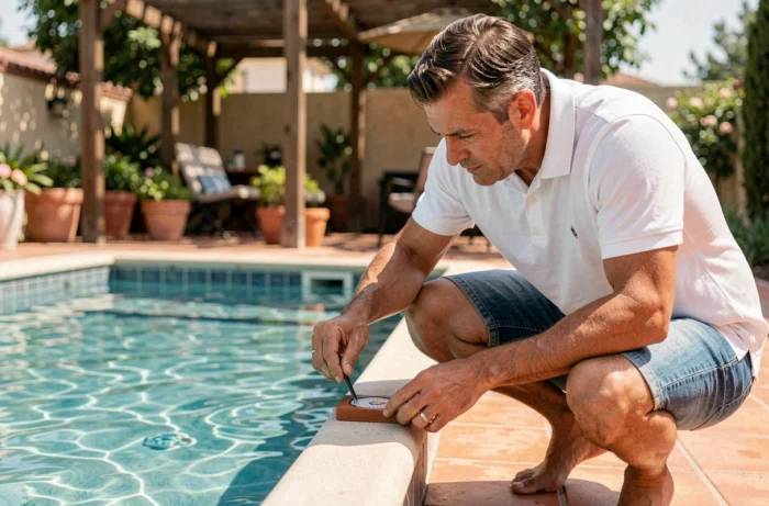 Homme mesurant le niveau d'eau d'une piscine hors sol rectangulaire avec un outil de jaugeage sur une terrasse en carrelage