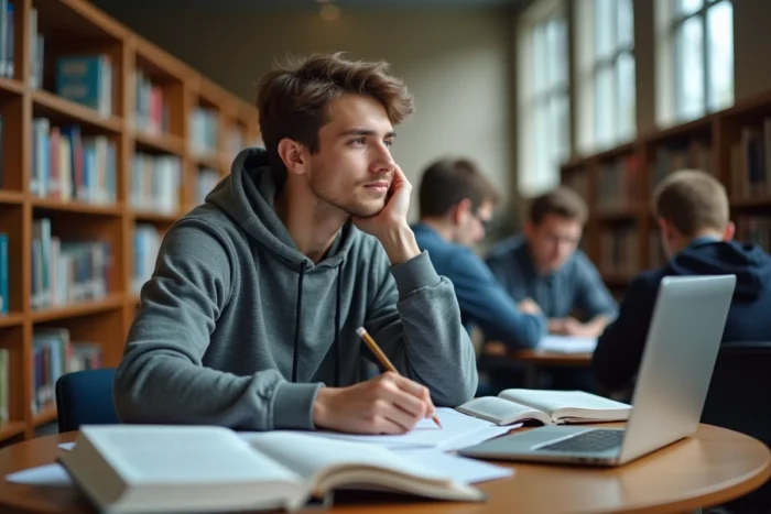 Jeune homme étudiant dans une bibliothèque universitaire, symbolisant le niveau d'éducation comme déterminant de la santé