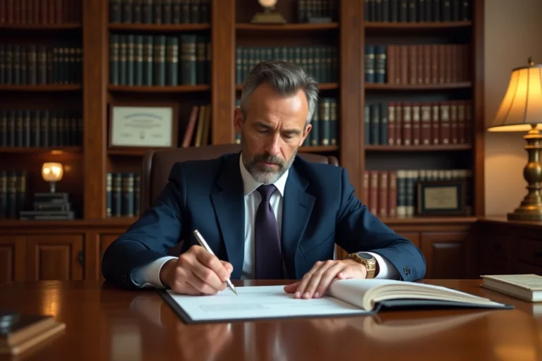 Notaire en costume marine examinant des documents de mainlevée d'hypothèque dans son étude juridique
