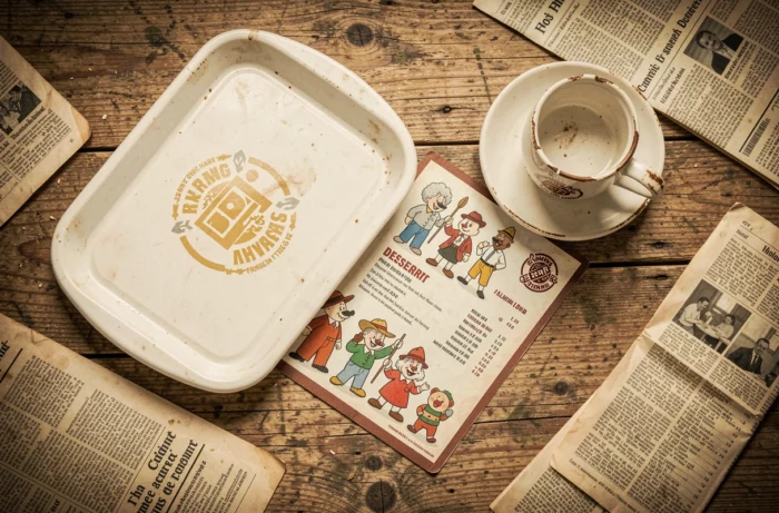 Collection d'objets nostalgie issus d'anciennes chaînes de restaurants françaises disparues, plateau plastique, menu et tasse céramique vintage