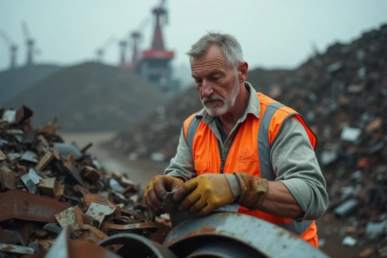 Ouvrier triant de la ferraille métallique dans un centre de recyclage industriel Derichebourg