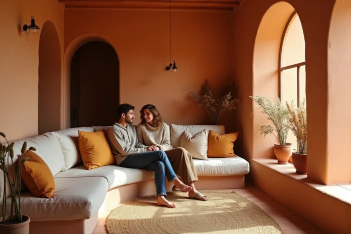 Salon enveloppant décoré dans une palette terracotta et ocre avec canapé en lin courbe, tapis noué à la main et murs enduits chaulés