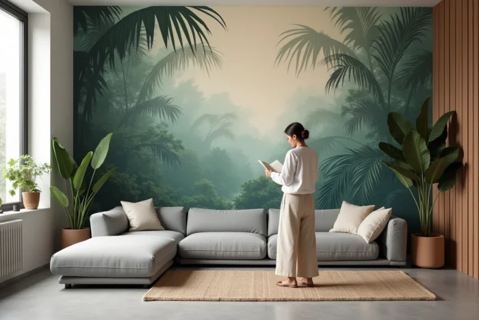 Mur unique d'un salon recouvert d'un papier peint panoramique botanique en tons verts sourds, bleu poussiéreux et beige chaud
