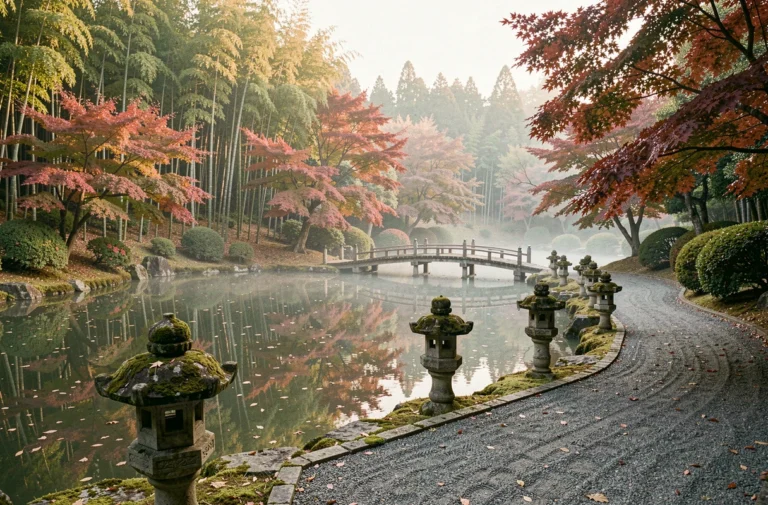 Jardin japonais de Maulévrier en automne avec reflets de feuilles rouges et orangées sur un étang paisible