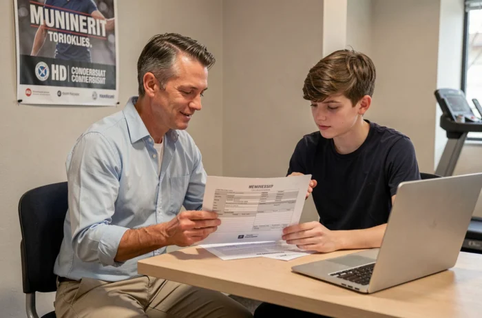 Parent accompagnant son fils adolescent pour la signature d'un formulaire d'inscription dans une salle Basic Fit, illustrant le consentement parental requis pour les mineurs