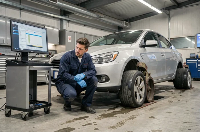 Technicien automobile effectuant un passage au banc sur une voiture dans un atelier professionnel équipé d'un dynamomètre à rouleaux