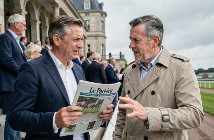 Deux passionnés de courses hippiques analysant les pronostics du quinté dans les tribunes d'un hippodrome