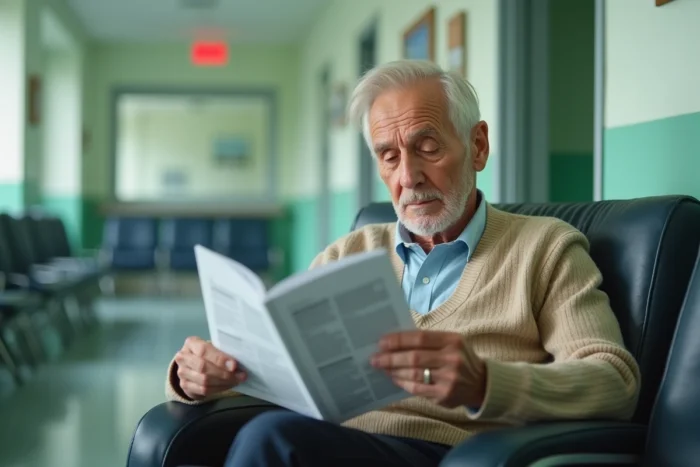 Patient âgé en salle d'attente d'hôpital tenant une brochure médicale sur une maladie diagnostiquée