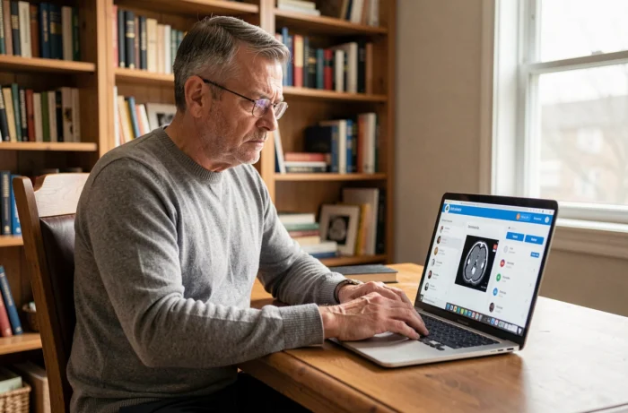 Patient d'âge mûr consultant son dossier d'imagerie médicale en ligne via un portail sécurisé sur son ordinateur portable à domicile