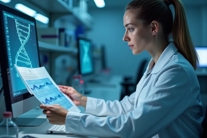 Scientifique dans un laboratoire de génomique étudiant des données ADN, illustrant le patrimoine biologique et génétique