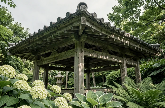 Detalhe arquitetônico de um pavilhão japonês em madeira no parque de Maulévrier cercado por vegetação exuberante de verão