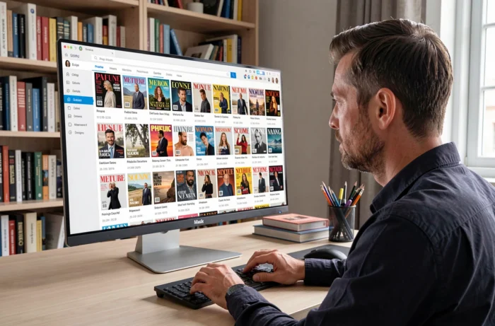 Homme parcourant des magazines PDF récents sur l'interface de l'agrégateur PDF-Giant.top sur un grand écran