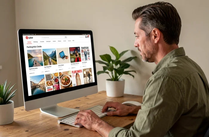 Homme consultant le catalogue thématique de magazines numériques sur PDFMagazines.club depuis son bureau