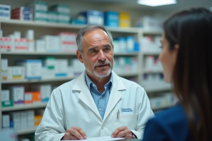 Pharmacien français conseillant un patient sur les nouveaux symptômes du variant Covid 2026 en pharmacie