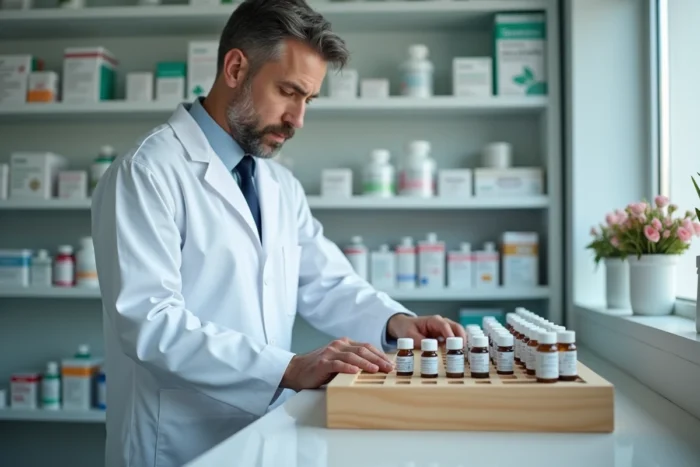 Pharmacien arrangeant des flacons d'isothérapie homéopathique sur une étagère de pharmacie, arrière-plan de boîtes de médicaments en rang