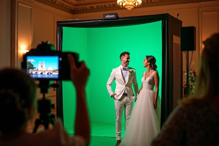 Couple de mariés posant devant un photobooth vidéo avec fond vert représentant Lyon lors de leur réception de mariage