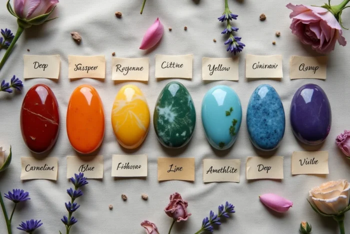 Flat lay de sept pierres polies aux couleurs des chakras disposées sur un tissu de lin avec des étiquettes en français