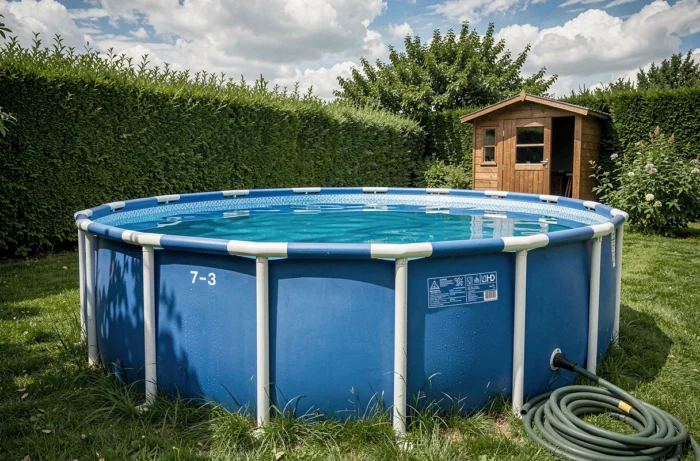 Vue grand angle d'une piscine hors sol ovale bleue remplie au niveau idéal dans un jardin verdoyant avec un tuyau d'arrosage posé sur l'herbe