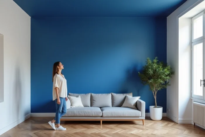 Salon avec plafond peint en aplat bleu cobalt contrastant avec des murs blancs pour restructurer visuellement les proportions de la pièce