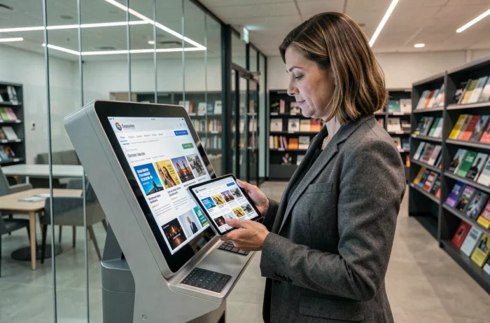 Femme consultant PressReader sur une tablette dans une médiathèque moderne avec accès gratuit à la presse internationale