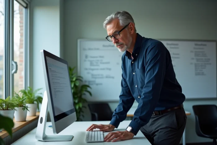 Professeur universitaire consultant sa messagerie académique Roundcube sur un ordinateur de bureau dans son bureau