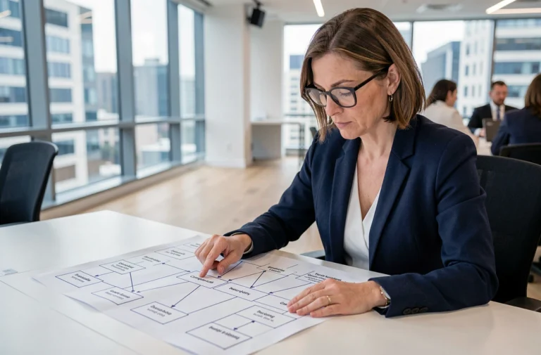 Professionnelle analysant un plan de site imprimé sur un bureau moderne dans un open space