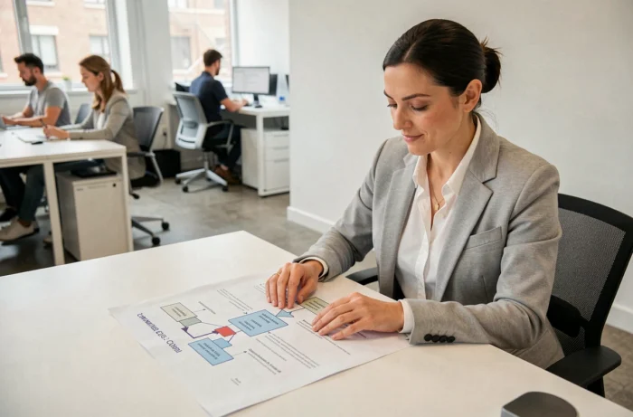 Professionnelle en agence web analysant un schéma de sitemap imprimé sur son bureau