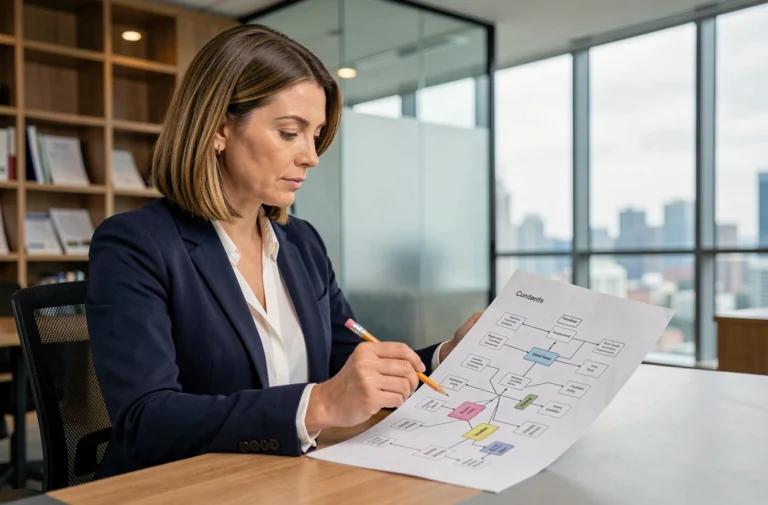Professionnelle analysant un sitemap structuré dans un bureau financier moderne