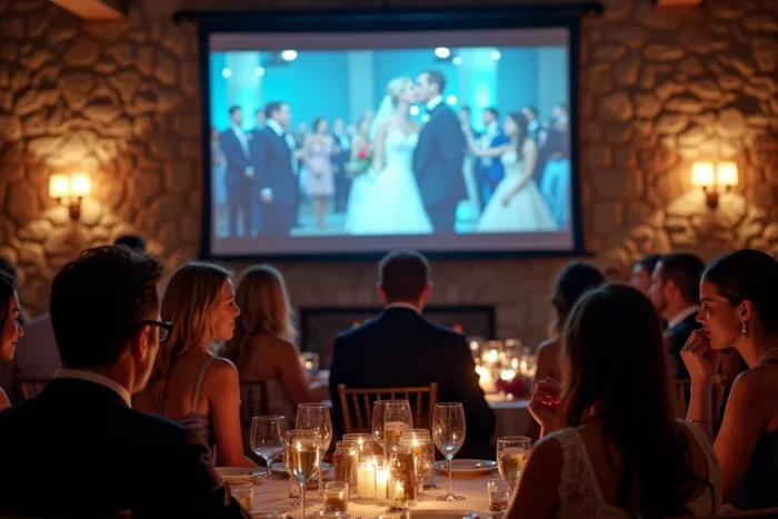 Invités regardant la projection vidéo en direct du jour même du mariage sur grand écran lors de la réception à Lyon