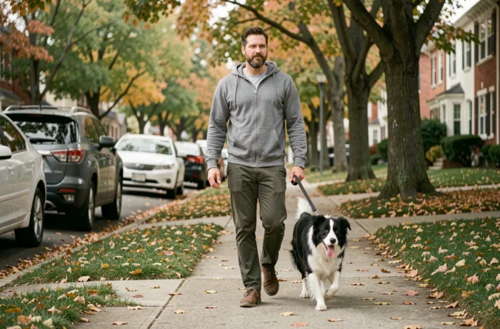 Gardien de chien promenant un border collie dans une rue résidentielle, service de promenade et garde à domicile