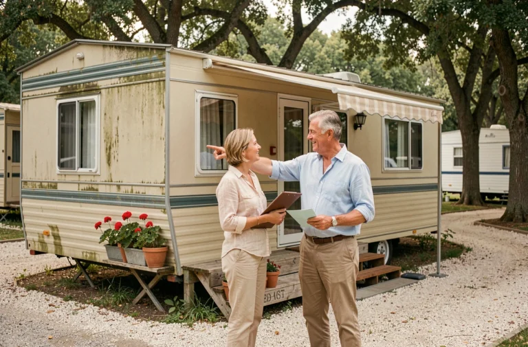 Couple de propriétaires devant leur ancien mobil-home dans un parc résidentiel, tenant des documents administratifs