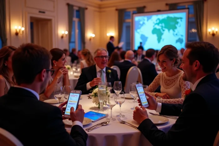 Invités de mariage utilisant leurs smartphones pour participer à un quiz interactif multilingue lors d'une réception à Lyon