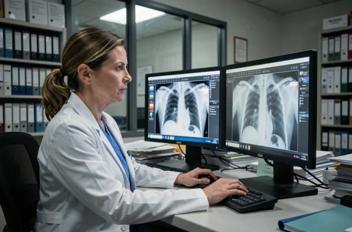 Radiologue féminine analysant une radiographie pulmonaire sur un écran médical dans une salle de lecture hospitalière