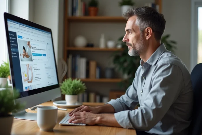 Homme cherchant un professionnel de beauté sur un annuaire en ligne depuis son bureau à domicile