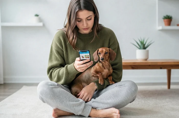 Jeune femme recherchant un service de garde de chien à domicile sur son téléphone avec un teckel sur les genoux