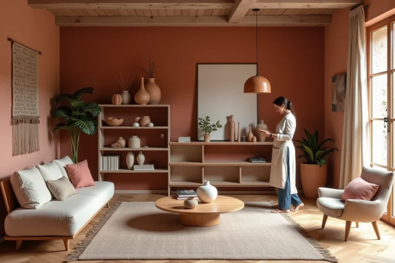 Appartement moderne redécoré avec meubles sculptурaux, carrelage géométrique, poteries artisanales et luminaires suspendus dans un espace ouvert chaleureux