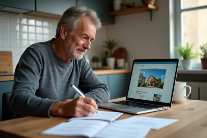 Homme consultant un portail de demande de logement en ligne depuis son domicile pour relancer sa demande
