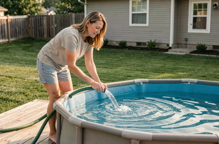 Femme remplissant une piscine hors sol ronde dans un jardin avec un tuyau d'arrosage, surveillant attentivement le niveau de l'eau