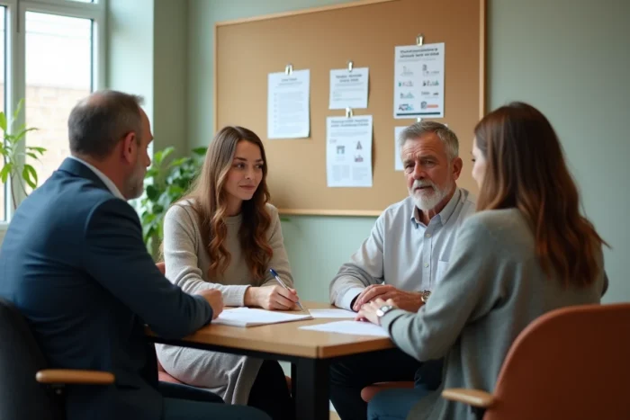 Couple rencontrant un conseiller en logement social pour relancer une demande d'attribution