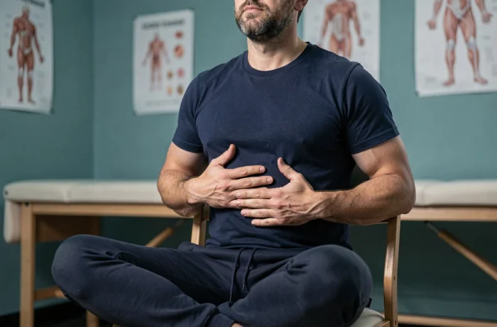 Homme en séance de rééducation respiratoire dans une clinique de kinésithérapie, mains sur les côtes pour sentir le mouvement du diaphragme