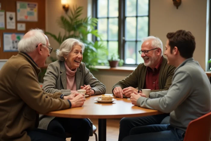 Groupe multigénérationnel réuni autour d'une table dans un centre communautaire, illustrant le réseau social et le soutien communautaire