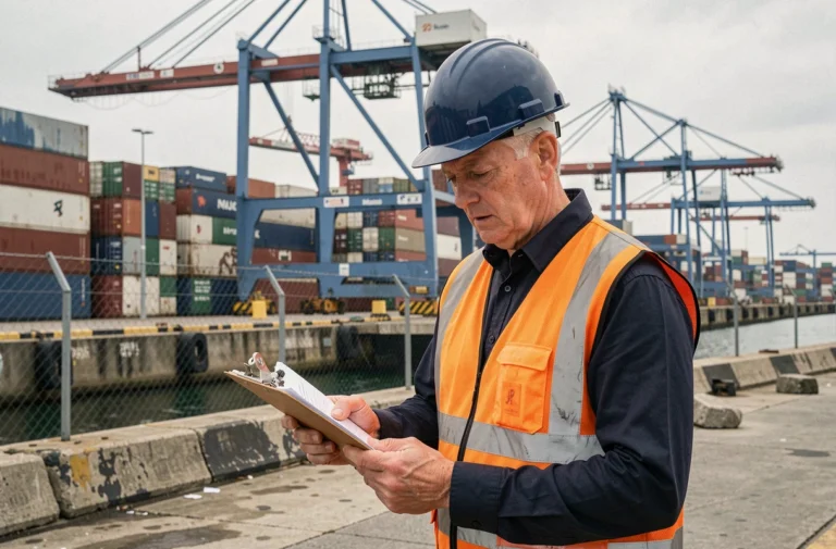 Responsable logistique portuaire en gilet haute visibilité vérifiant des documents sur un quai commercial avec des grues et des conteneurs en arrière-plan