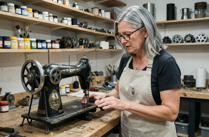 Vrouw restaurateur inspecteert de geëmailleerde decoraties van een antieke Singer naaimachine in een restauratieworkshop